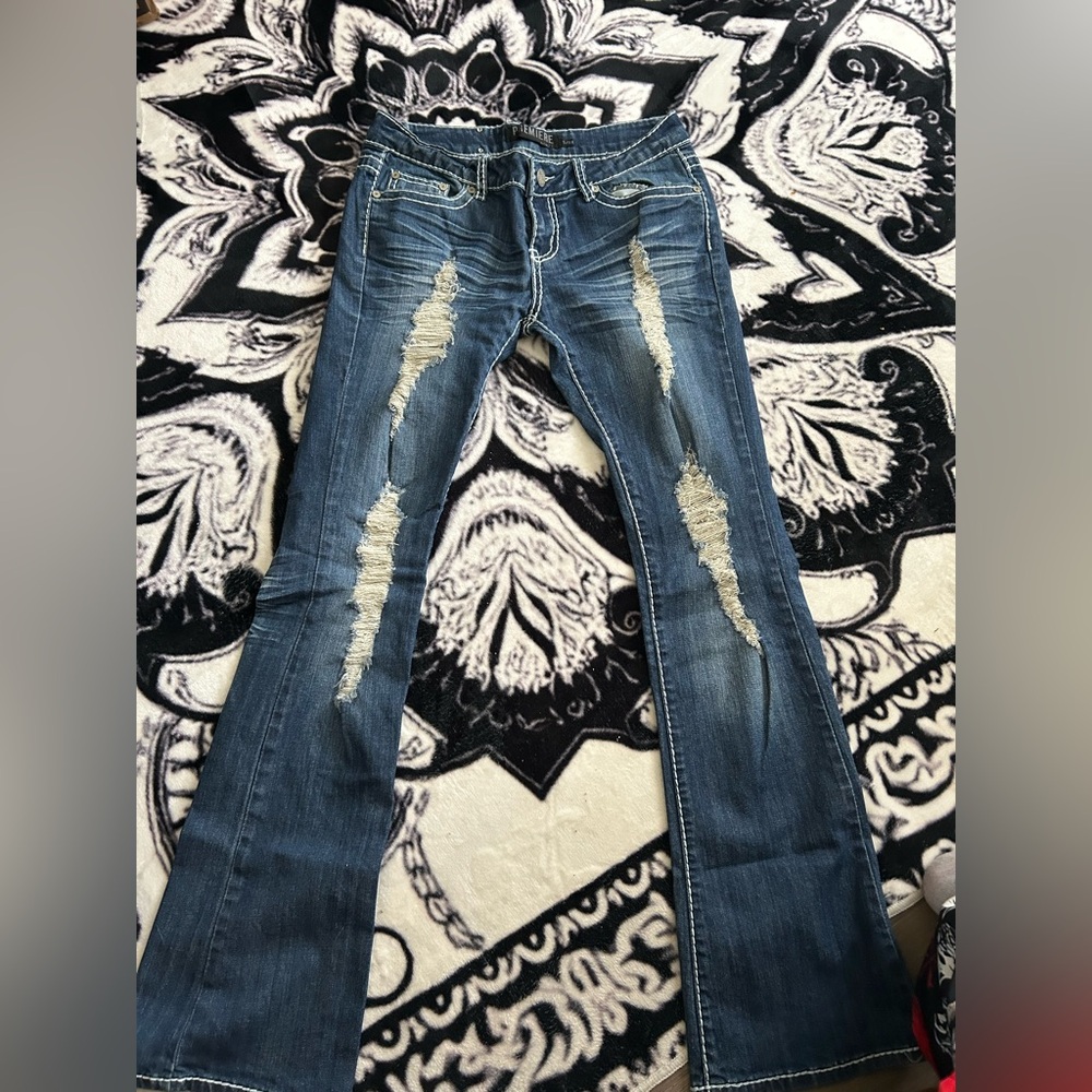 Premier Designs Blue Distressed Flare Jeans